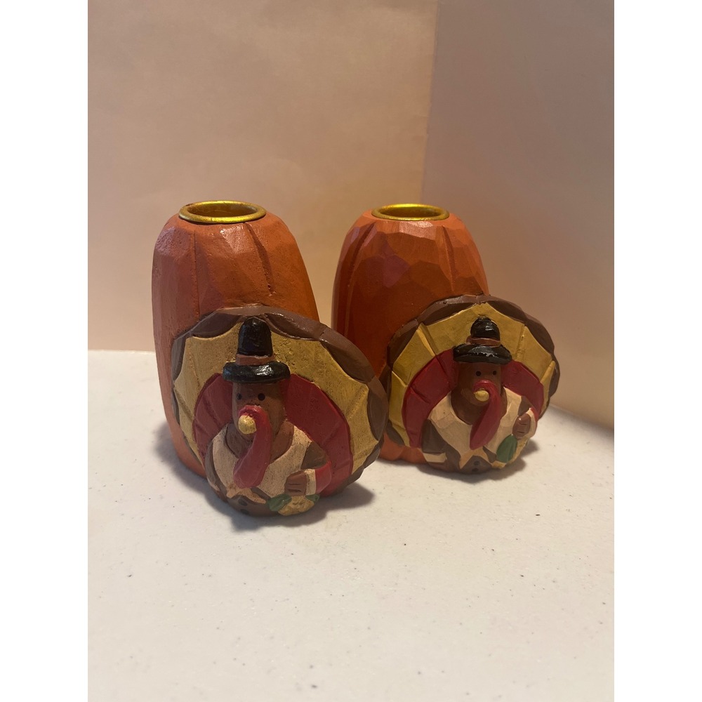 Midwest of Cannon Falls Thanksgiving Turkey Pumpkin Candle Holder Set Rare 4in